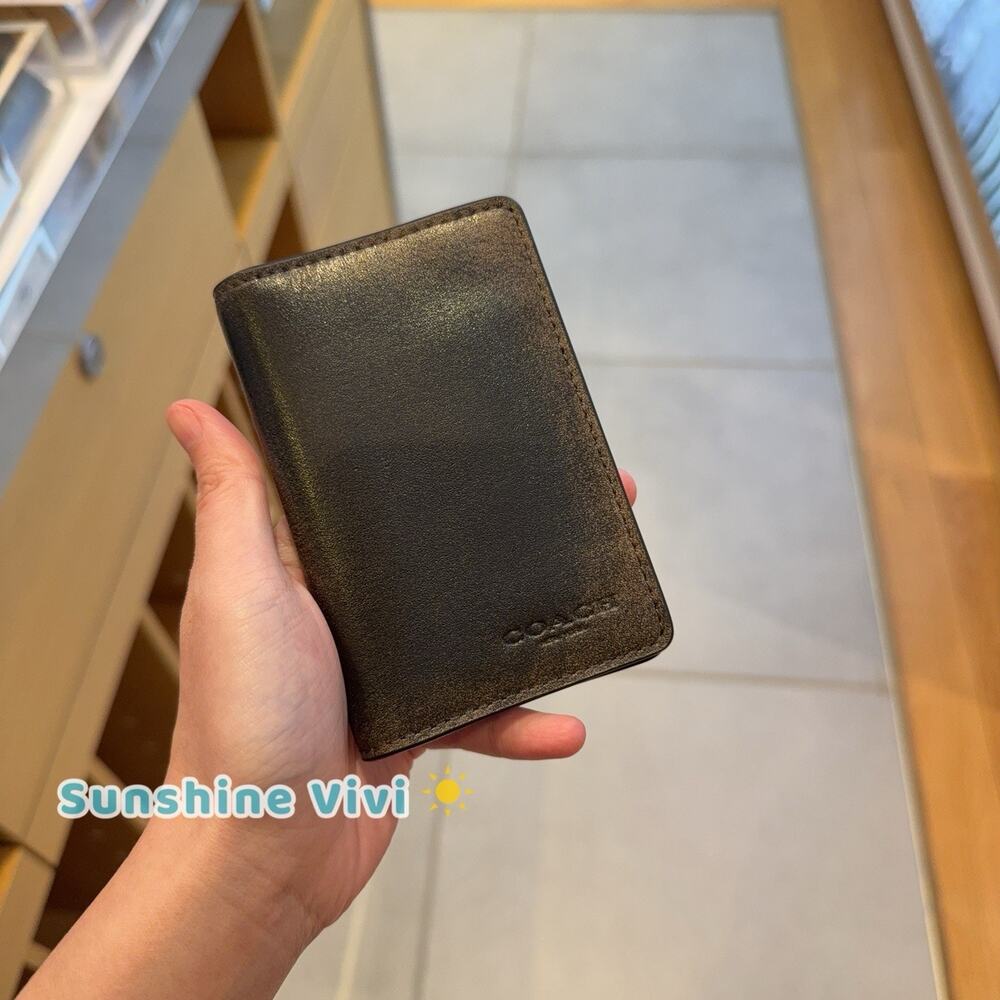 NWT Coach Id Card Wallet In Loved Black Brown CEU95 Rub-off smooth leather